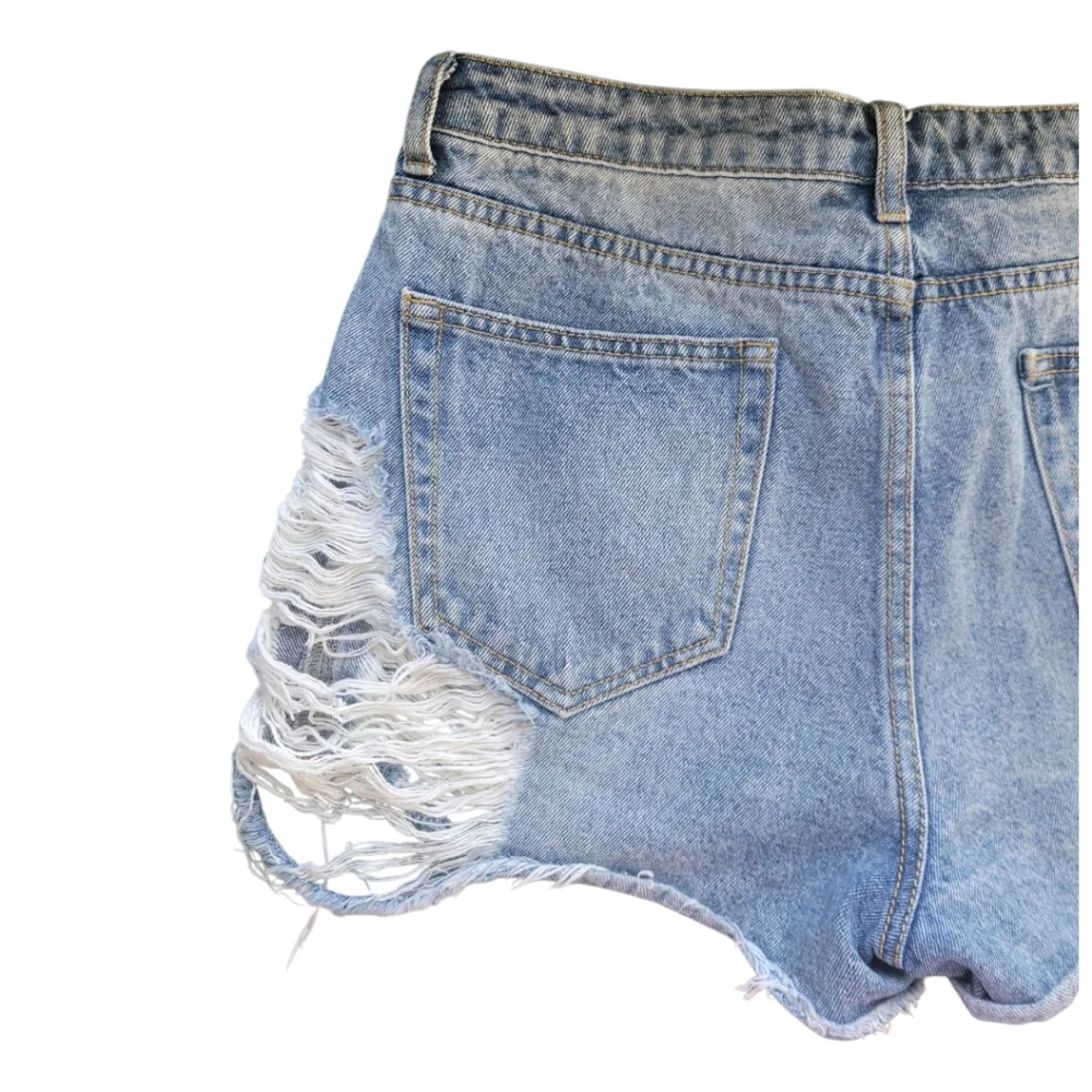 Brooklyn Karma High Rise Shorty Distressed Denim Shorts L Festival Cutoff